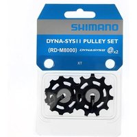 Shimano Deore XT RD-M8000/M8050 pulley set, black gears in clear plastic packaging with blue and white label.