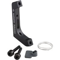 Shimano black disc brake adaptor with screws, wire, and spacer for 160mm flat mount forks and frames.