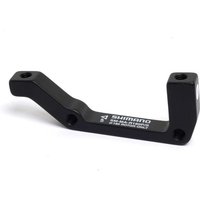 Black Shimano disc brake adaptor for 180mm rear IS mount, L-shaped with mounting holes and white branding.
