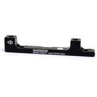 Black Shimano disc brake adaptor for 203mm front post mount calipers with white text and mounting holes.