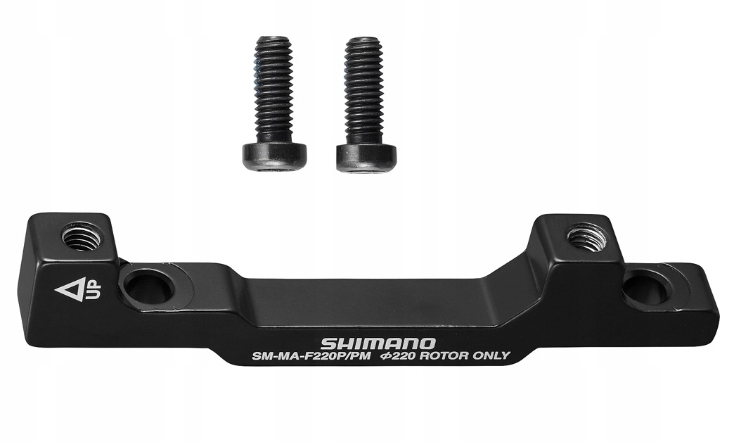 Black Shimano disc brake adaptor for post mount calipers, designed for 180mm and 220mm rotors, featuring two screw holes and includes two black screws.