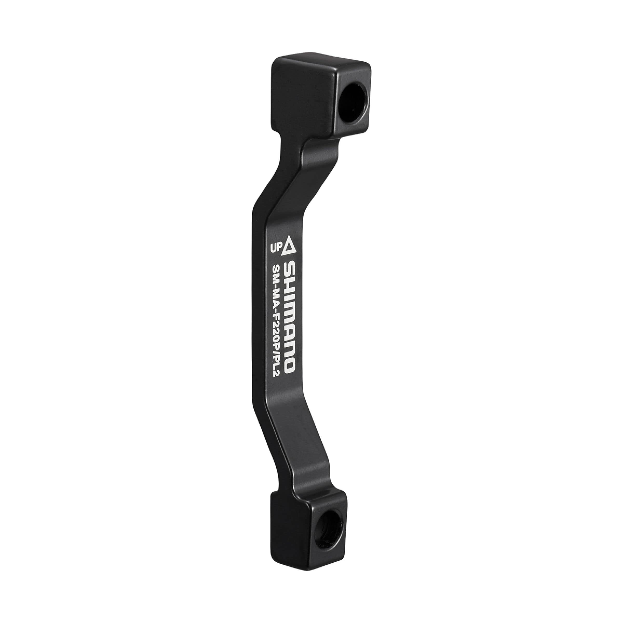 Black Shimano disc brake adaptor for post mount calipers, designed for 200mm and 220mm rotors, featuring a sleek, sturdy aluminum construction with engraved branding.