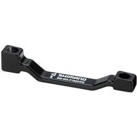 Black Shimano disc brake front mount adapter with white logo and two mounting holes.