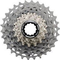 Shimano Dura Ace R9200 12 Speed Cassette, silver and black, with intricate gear teeth design.