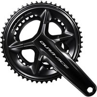 Black Shimano Dura Ace R9200 12 Speed Double Chainset with sleek crank arm and aerodynamic chainrings.