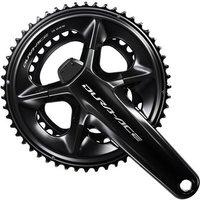 Black Shimano Dura Ace R9200 12-speed chainset with integrated power meter and dual chainrings.