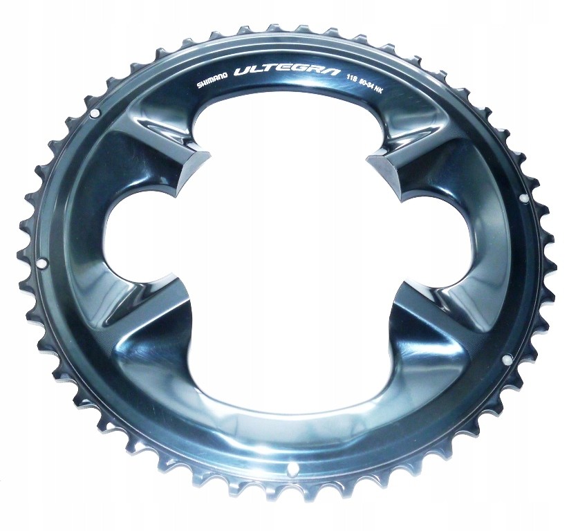 Shimano FC-08 Ultegra 11-Speed Outer Chainring in shiny silver aluminum, featuring a 50-tooth design with four cutouts for weight reduction and compatibility with 11-speed drivetrains.