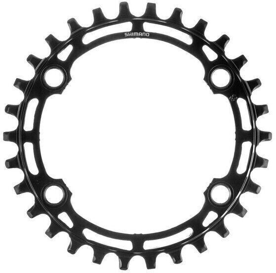 Black Shimano FC-M5100-1 Deore 30T single chainring featuring a circular design with multiple mounting holes and a sleek, durable finish for 11/10-speed drivetrains.