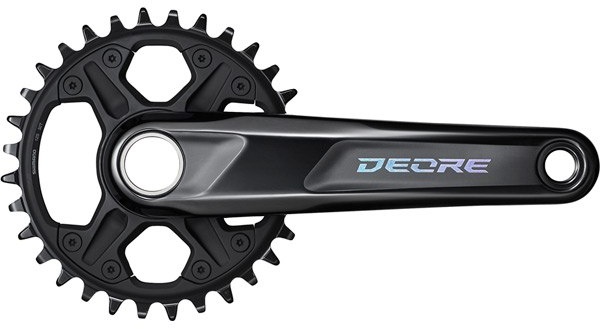 Shimano FC-M6100 Deore 12-speed boost chainset in black, featuring a 30-tooth chainring, 165mm crank arm length, and a sleek design with a reflective "Deore" logo.