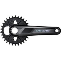 Black Shimano Deore 12-speed chainset with 30T chainring and 175mm crank arm, featuring sleek silver accents.