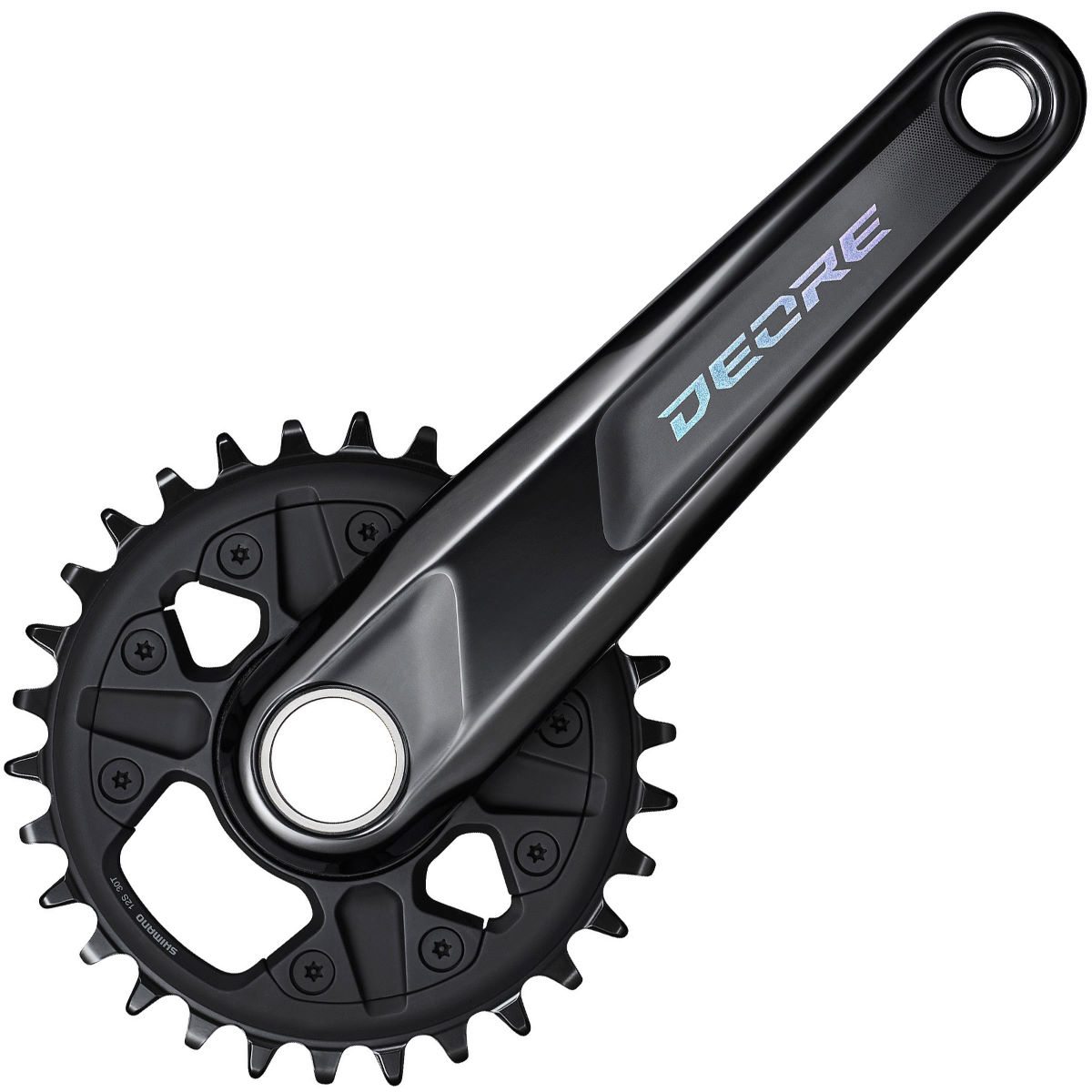 Black Shimano Deore FC-M6120 12-speed chainset featuring a single 30T chainring, with a sleek design and a 175mm crank arm length, showcasing a modern aesthetic.
