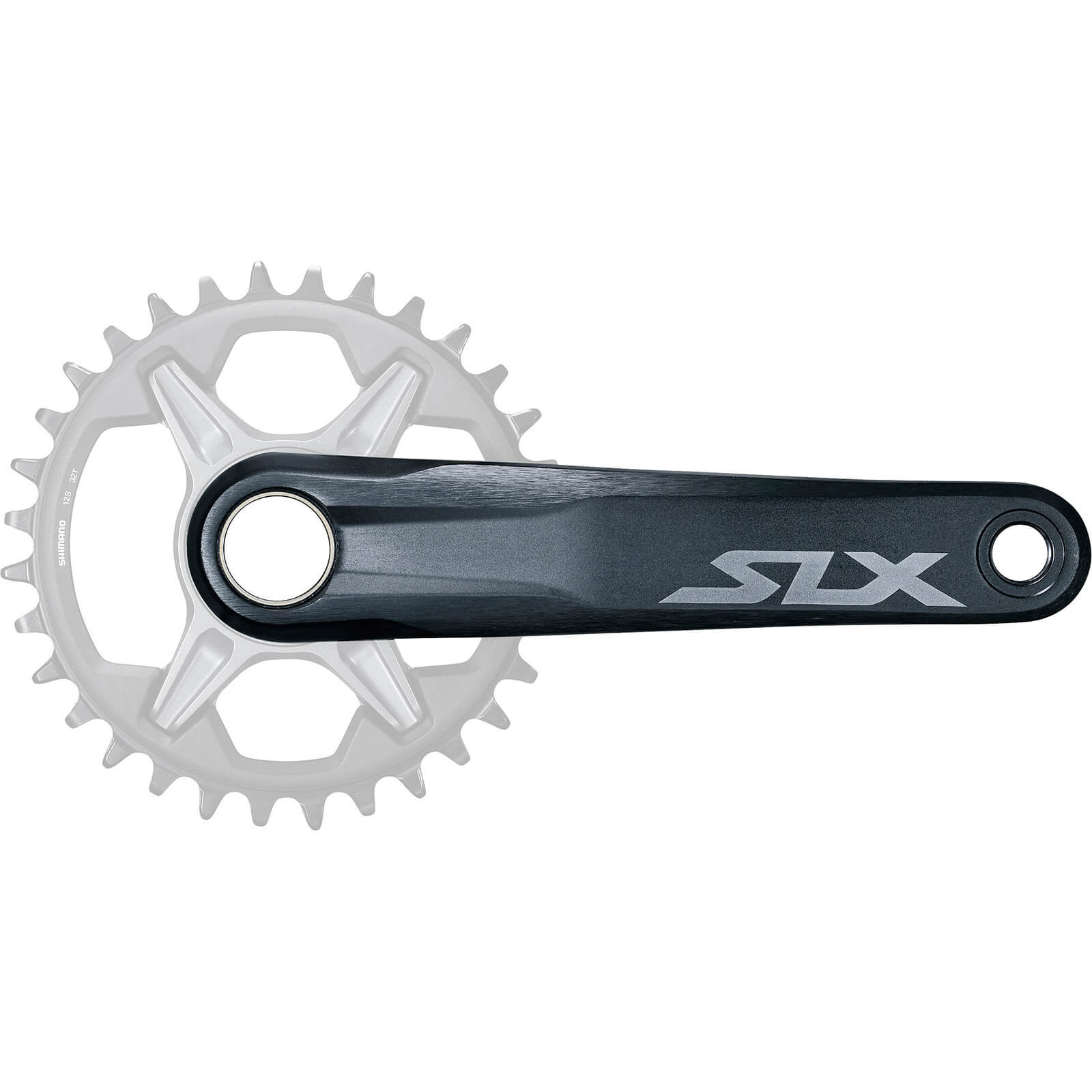 Shimano FC-M7120 SLX 12-speed crankset in black aluminum, featuring a sleek design with a single crank arm and no chainring, marked with "SLX" in silver.