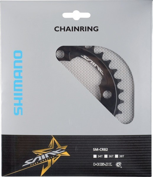 Black Shimano FC-M820/M825 Saint 10-speed CR82 single chainring, 34T, displayed in a clear packaging with a mesh background and blue and yellow branding.