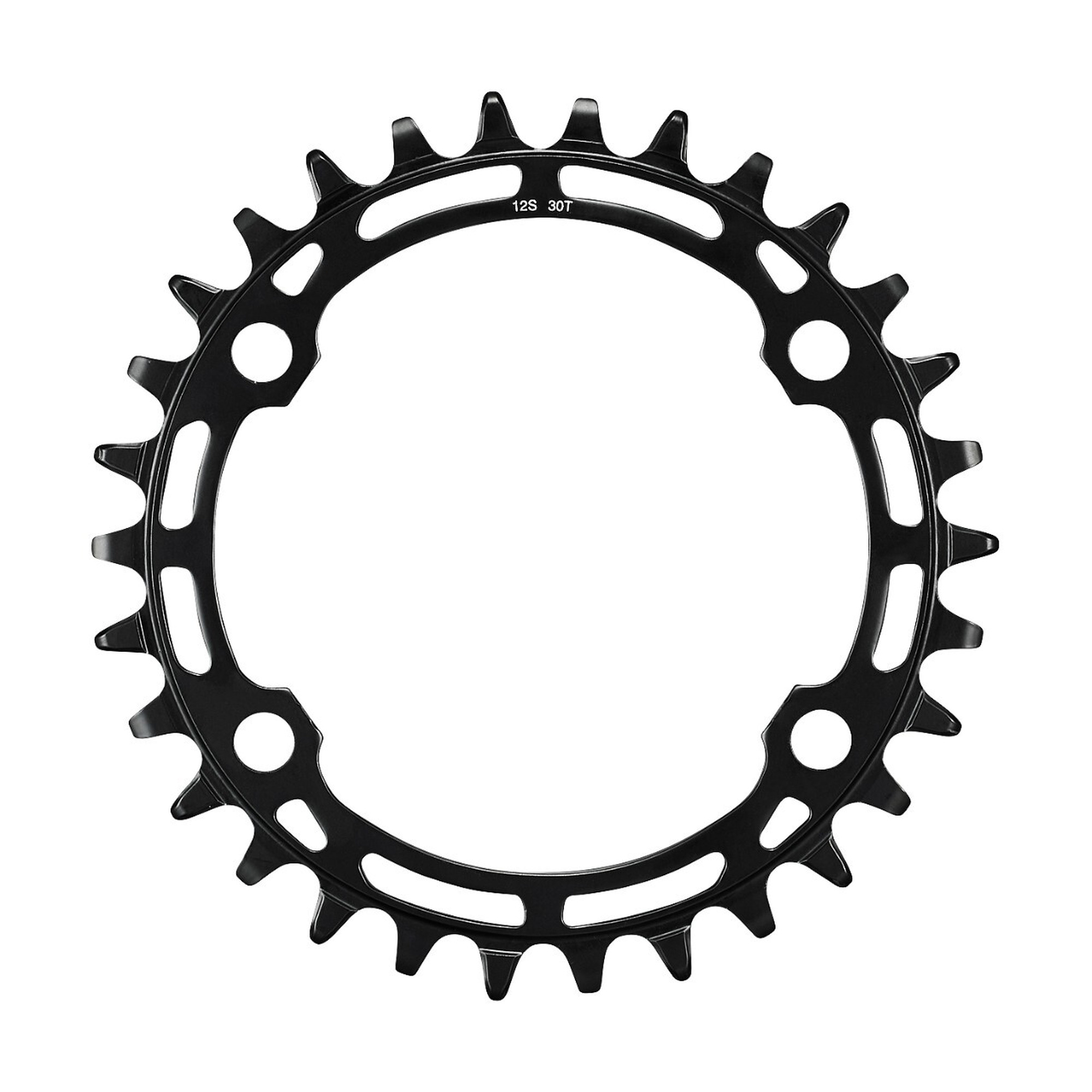 Black Shimano FC-MT510-1 12-speed single chainring with 30 teeth, featuring a lightweight design and multiple cutouts for improved performance and weight savings.
