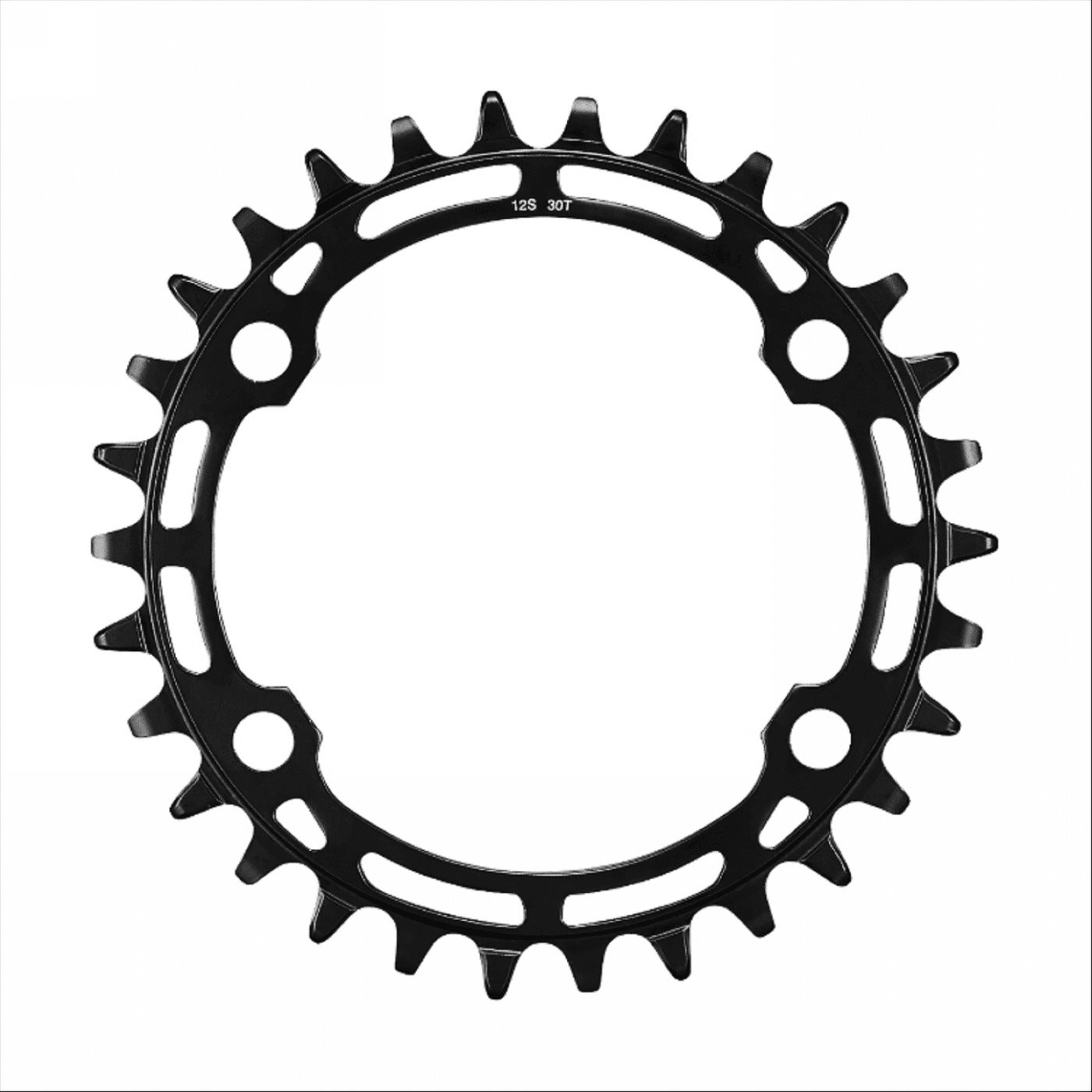 Black aluminum 32T chainring with 12-speed compatibility, featuring a circular design, sharp teeth for optimal grip, and multiple holes for easy mounting.