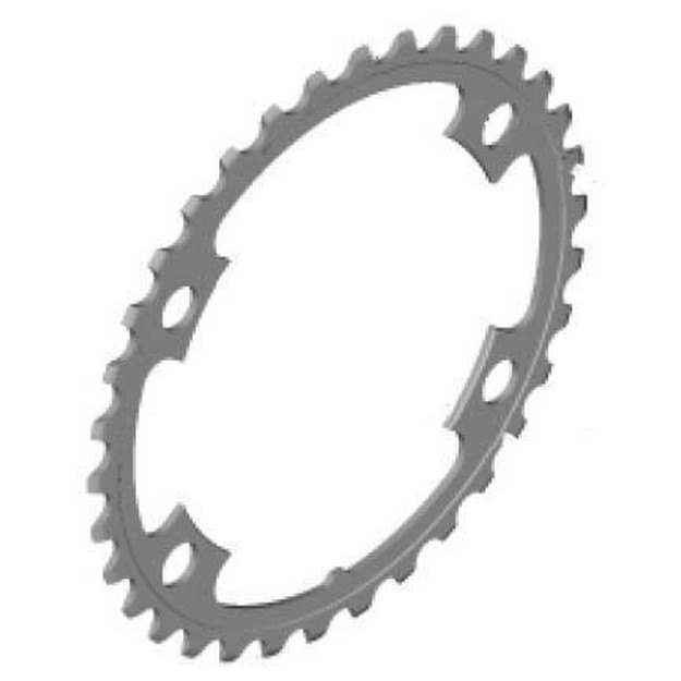 Silver 34T inner chainring with a smooth finish, featuring multiple mounting holes and a distinctive oval shape, designed for Shimano FC-R3000 Sora 9-speed systems.