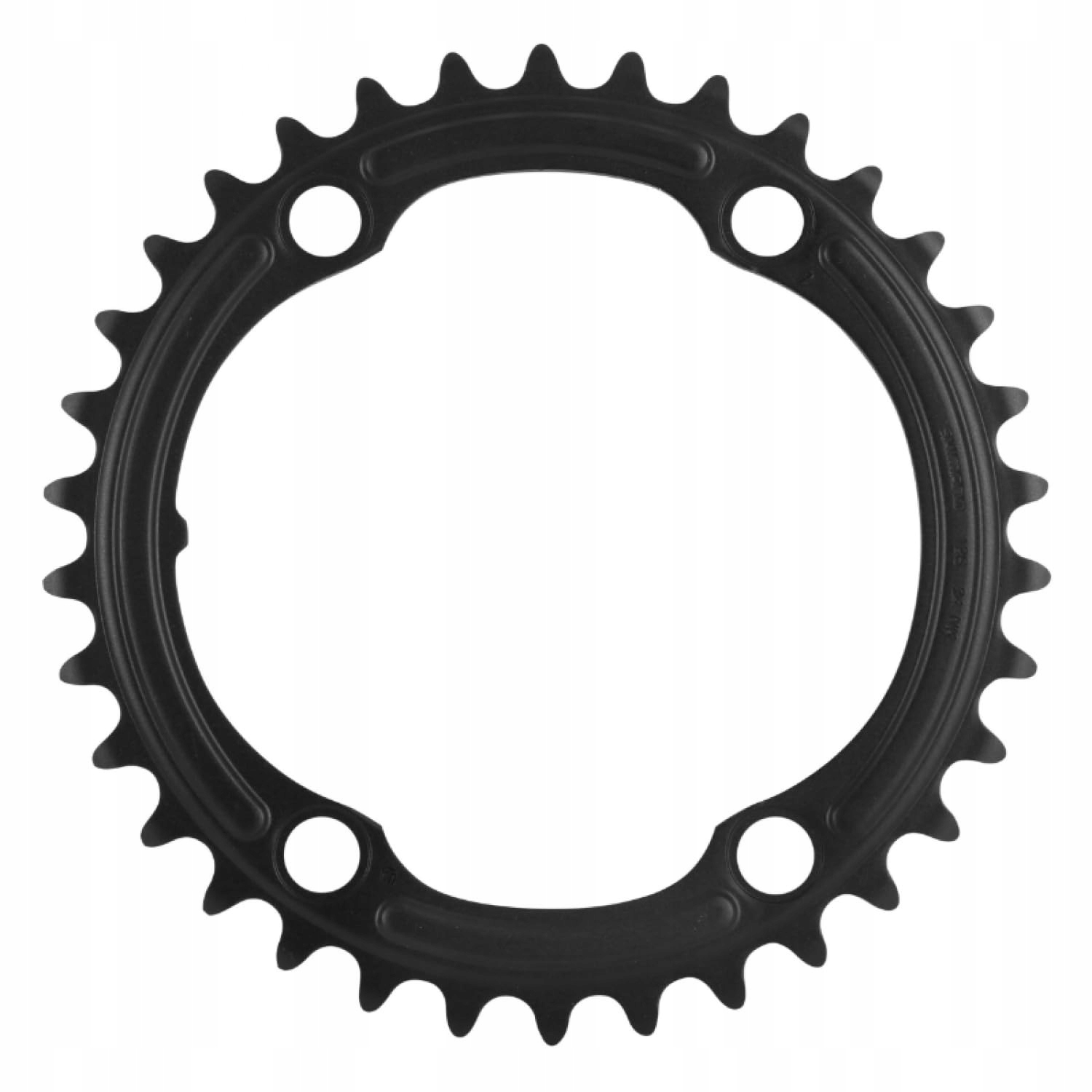 Black Shimano FC-R7100 105 12-speed inner chainring with 36 teeth, featuring a circular design and four mounting holes for secure attachment.