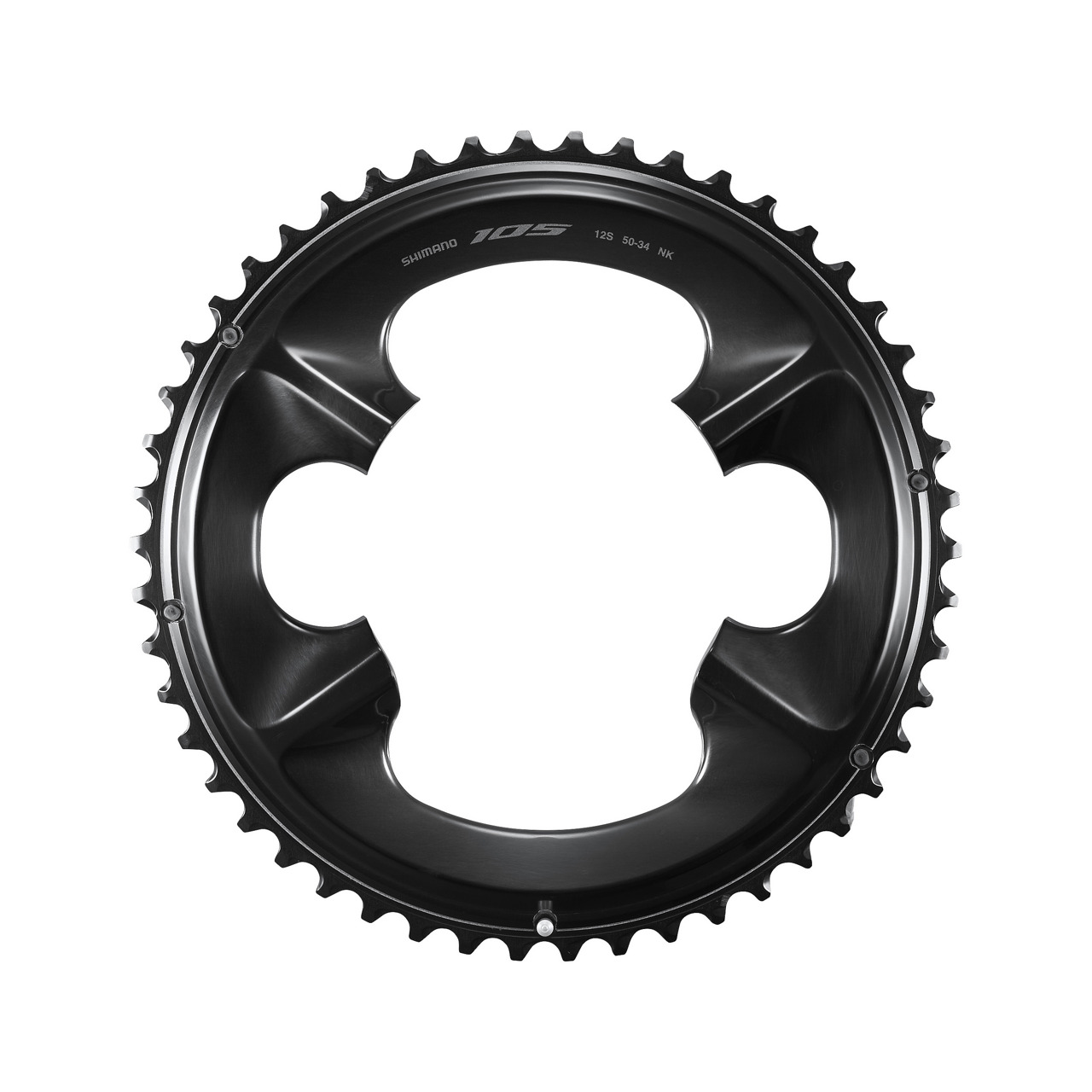 Shimano FC-R7100 105 12-Speed outer chainring in sleek black aluminum, featuring a 50-tooth design with precision-cut teeth for optimal performance.