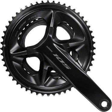 Shimano FC-R7100 105 double chainset in sleek black, featuring a 170mm crank arm length and 12-speed compatibility, with a polished finish and prominent 105 branding.