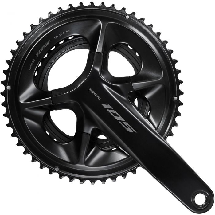 Shimano FC-R7100 105 double chainset in sleek black finish, featuring three arms and 12-speed compatibility, with 175mm crank length and prominent "105" logo.