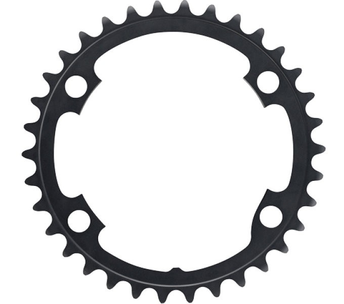 Black Shimano FC-R8000 34T-MS chainring with a round design, featuring sharp teeth and four mounting holes for easy installation on a bicycle crankset.