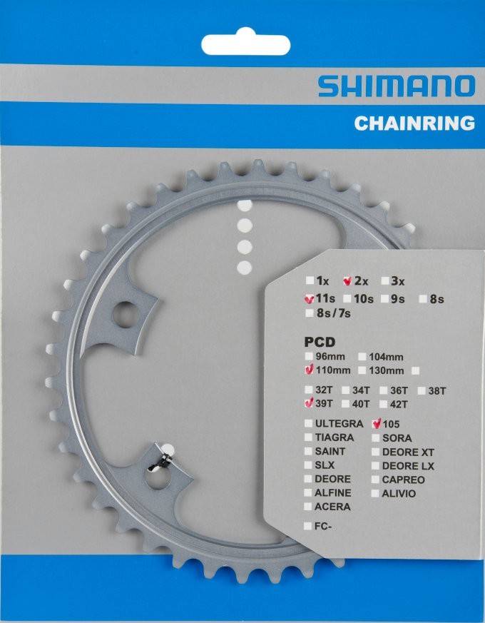 Shimano FC-R8000 Ultegra 11-speed outer chainring in silver, featuring 52 teeth, mounted on a blue backing with compatibility details for various bike models.