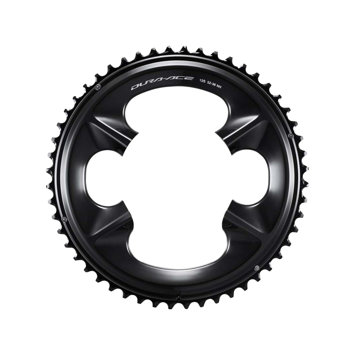 Shimano FC-R9200 Dura Ace 12-speed double outer chainring, 52T, featuring a sleek black finish, aerodynamic design, and precision-cut teeth for optimal performance.