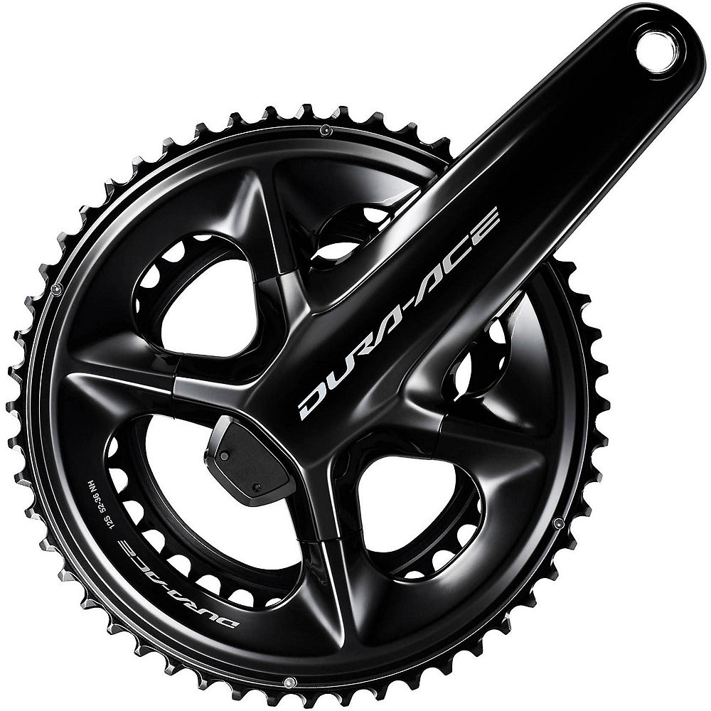 Shimano FC-R9200 Dura-Ace 12-speed double power meter chainset in sleek black, featuring a 170mm crank arm and 50/34T chainrings with a glossy finish and intricate detailing.