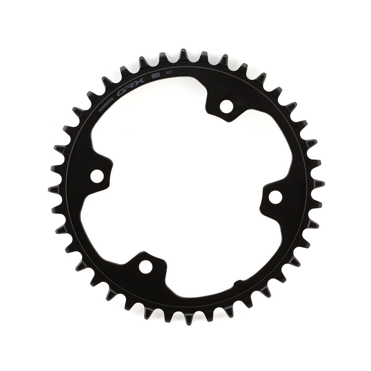 Black aluminum 40-tooth chainring with a 1x design, featuring five bolt holes and a smooth finish, ideal for Shimano GRX 12-speed drivetrain systems.