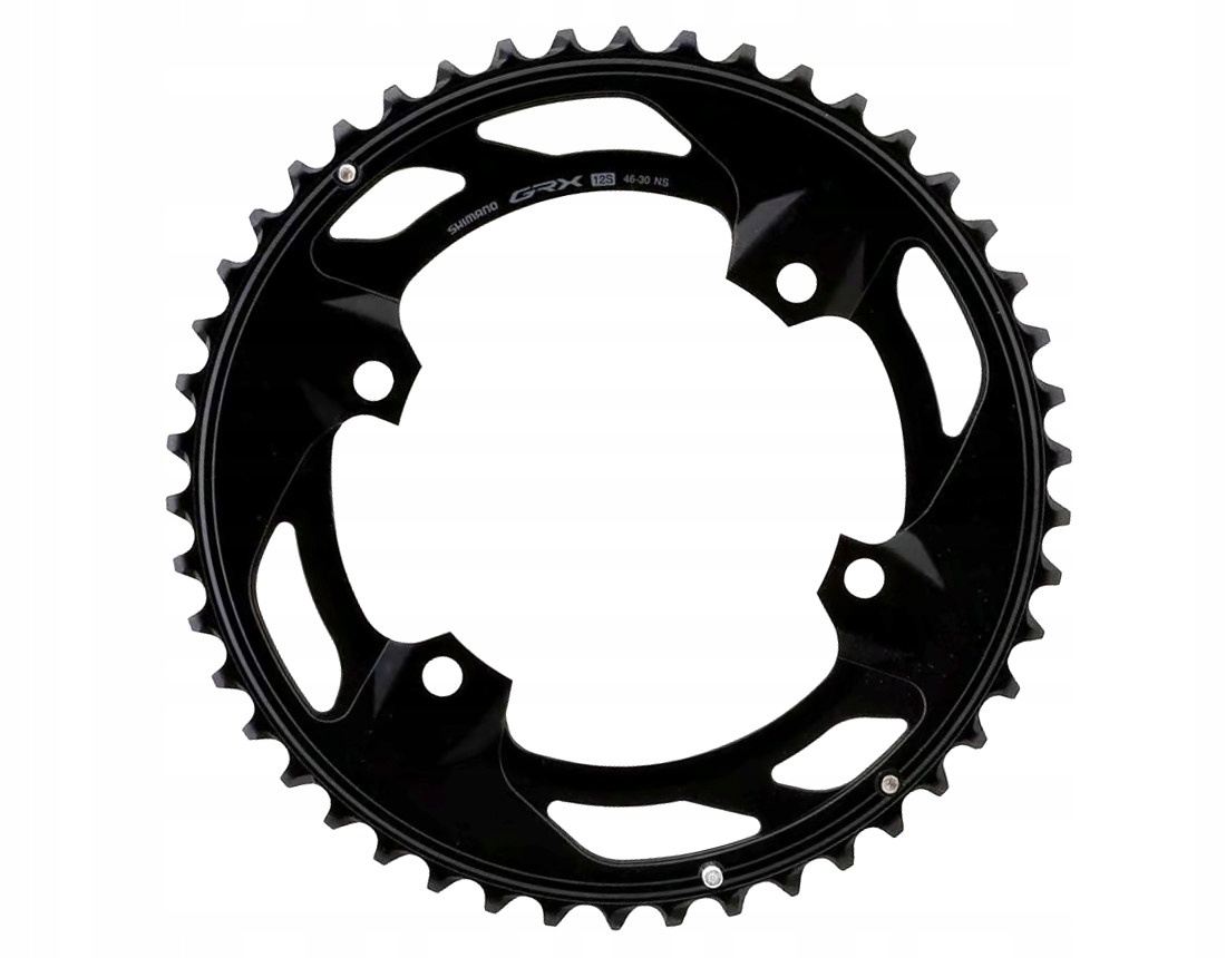 Black Shimano FC-RX610-2 GRX 12-speed double chainring featuring a 46T outer design with a sleek, glossy finish and five bolt holes for easy attachment.