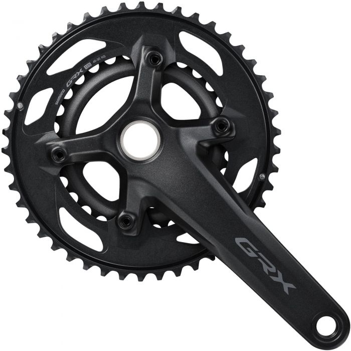 Shimano FC-RX610 GRX double chainset in matte black, featuring a 165mm crank arm length, four arms, and distinctive GRX branding on the side.