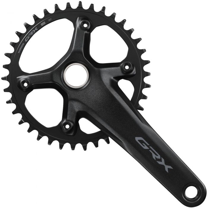 Black Shimano FC-RX610 GRX single 12-speed chainset with a 165mm crank arm and 38-tooth chainring, featuring a sleek design and durable material.