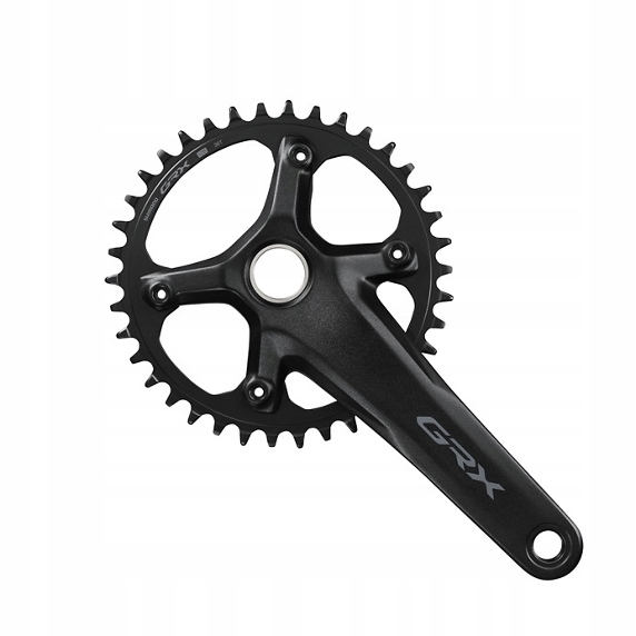Black Shimano FC-RX610 GRX single chainset with a 172.5mm crank arm and 38-tooth chainring, featuring a sleek design and sturdy aluminum construction.