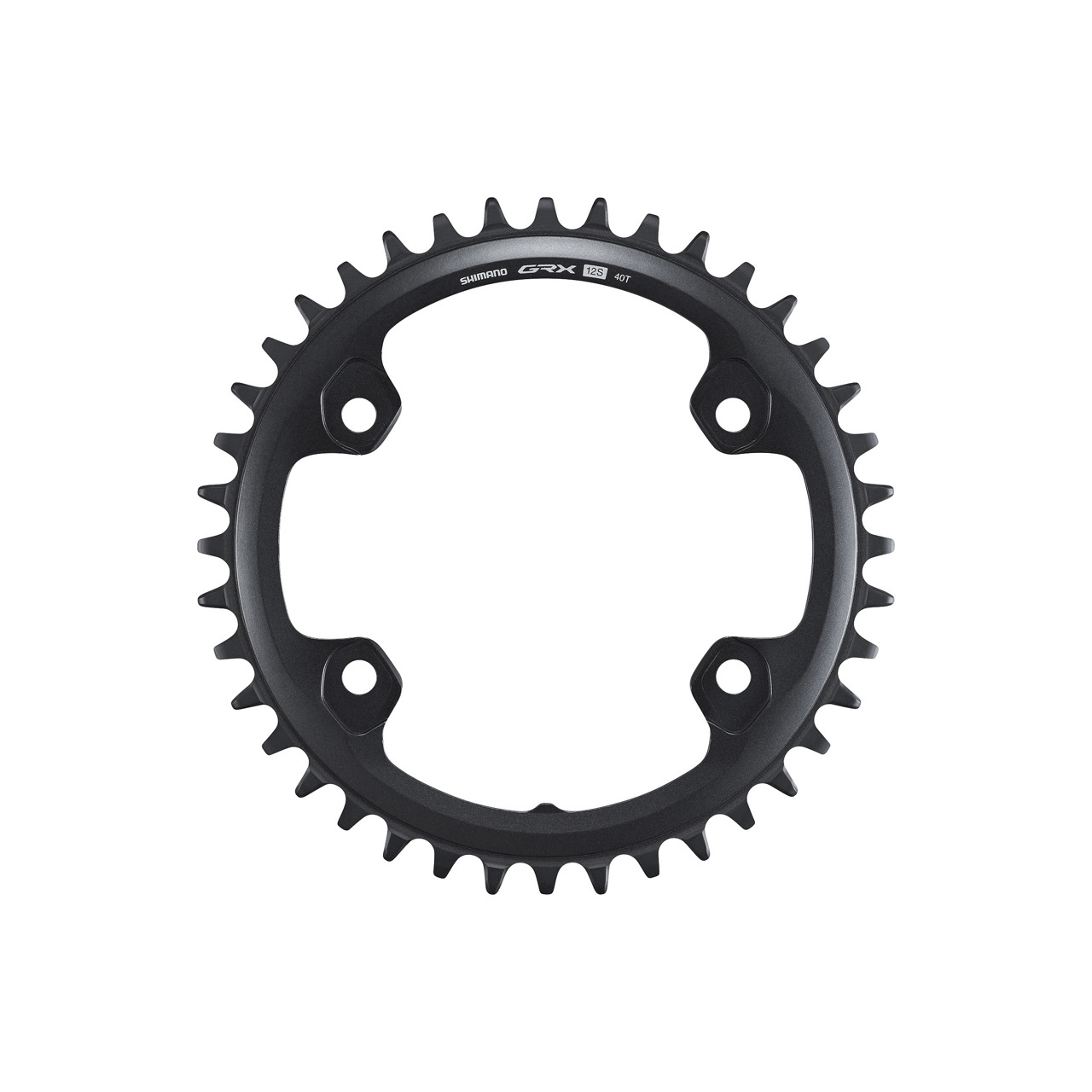 Black Shimano FC-RX820-1 GRX 12-speed single 1x 40T chainring featuring a circular design with pointed teeth and four mounting holes for easy installation.