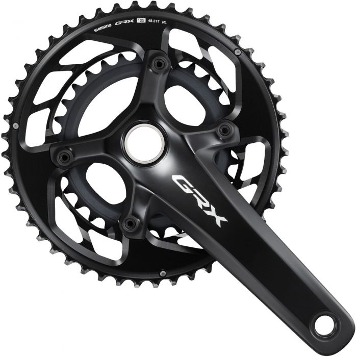 Shimano FC-RX820 GRX double chainset features a sleek black aluminum design with a 170mm crank arm length and 12-speed compatibility, showcasing the GRX logo prominently.