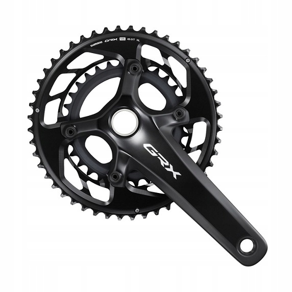 Black Shimano GRX FC-RX820 double chainset with 172.5mm crank arms, featuring a sleek design and 12-speed compatibility, ideal for gravel biking.