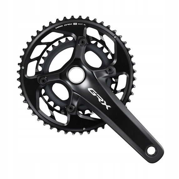Black Shimano FC-RX820 GRX double chainset with 175mm crank arms, featuring a sleek design, two chainrings, and detailed cutouts for weight reduction.