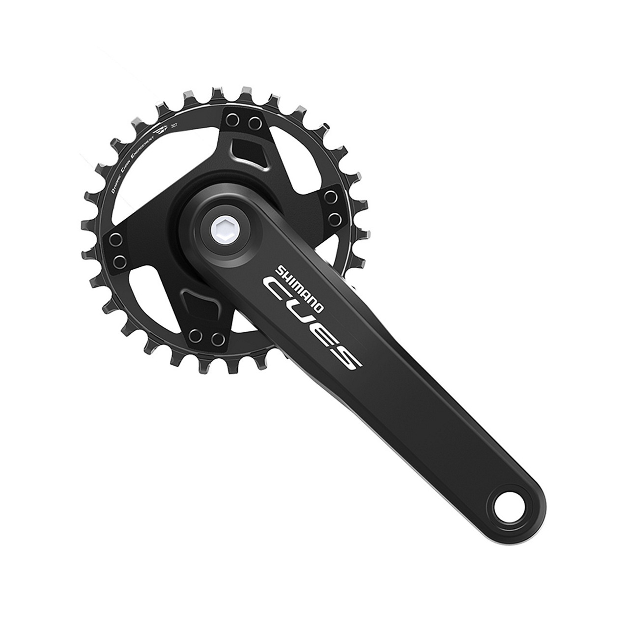 Shimano FC-U4000 CUES chainset in black, featuring a 170mm crank arm and a 30-tooth chainring, designed for 9, 10, and 11-speed systems, with a sleek, modern look.