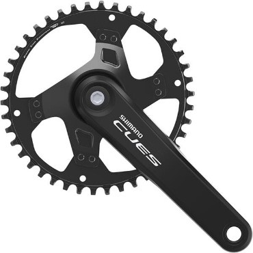 Shimano FC-U4000 CUES chainset features a black aluminum crank arm with a 42-tooth chainring, designed for 9/10/11-speed systems, showcasing a sleek, modern design.