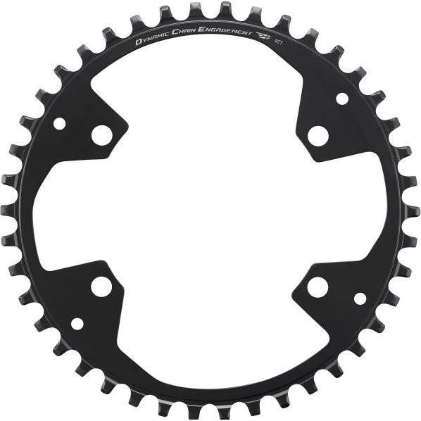 Black Shimano FC-U6000-1 CUES single chainring with 42 teeth, featuring dynamic chain engagement design and multiple mounting holes for 9/10/11-speed compatibility.