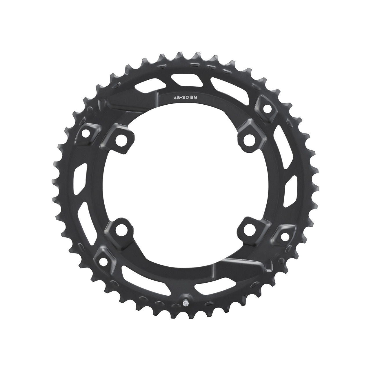 Black Shimano FC-U6000-2 CUES double chainring with 46T outer and 30T inner, featuring a lightweight aluminum design and multiple bolt holes for easy installation.