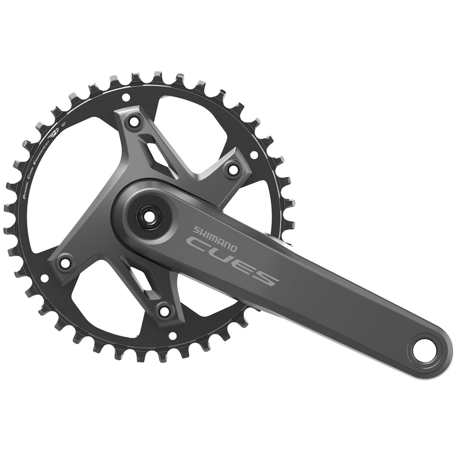 Shimano FC-U6000 CUES chainset features a sleek gray aluminum finish, a 40T chainring, and 170mm crank arms, designed for 9/10/11-speed compatibility.