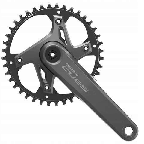 Shimano FC-U6000 CUES chainset features a sleek black aluminum crank arm, 40-tooth chainring, and a 175mm length, designed for 9/10/11-speed compatibility.