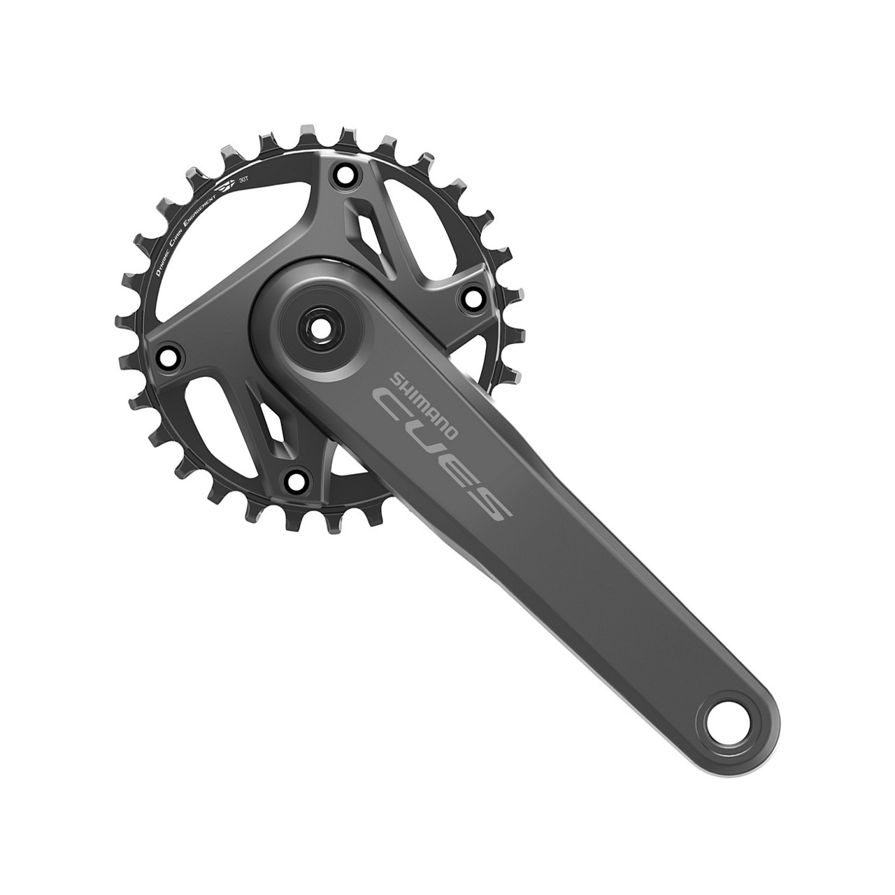 Shimano FC-U6000 CUES chainset features a sleek gray aluminum crank arm and a 30-tooth black chainring, designed for 9, 10, and 11-speed systems, with a 170mm length.
