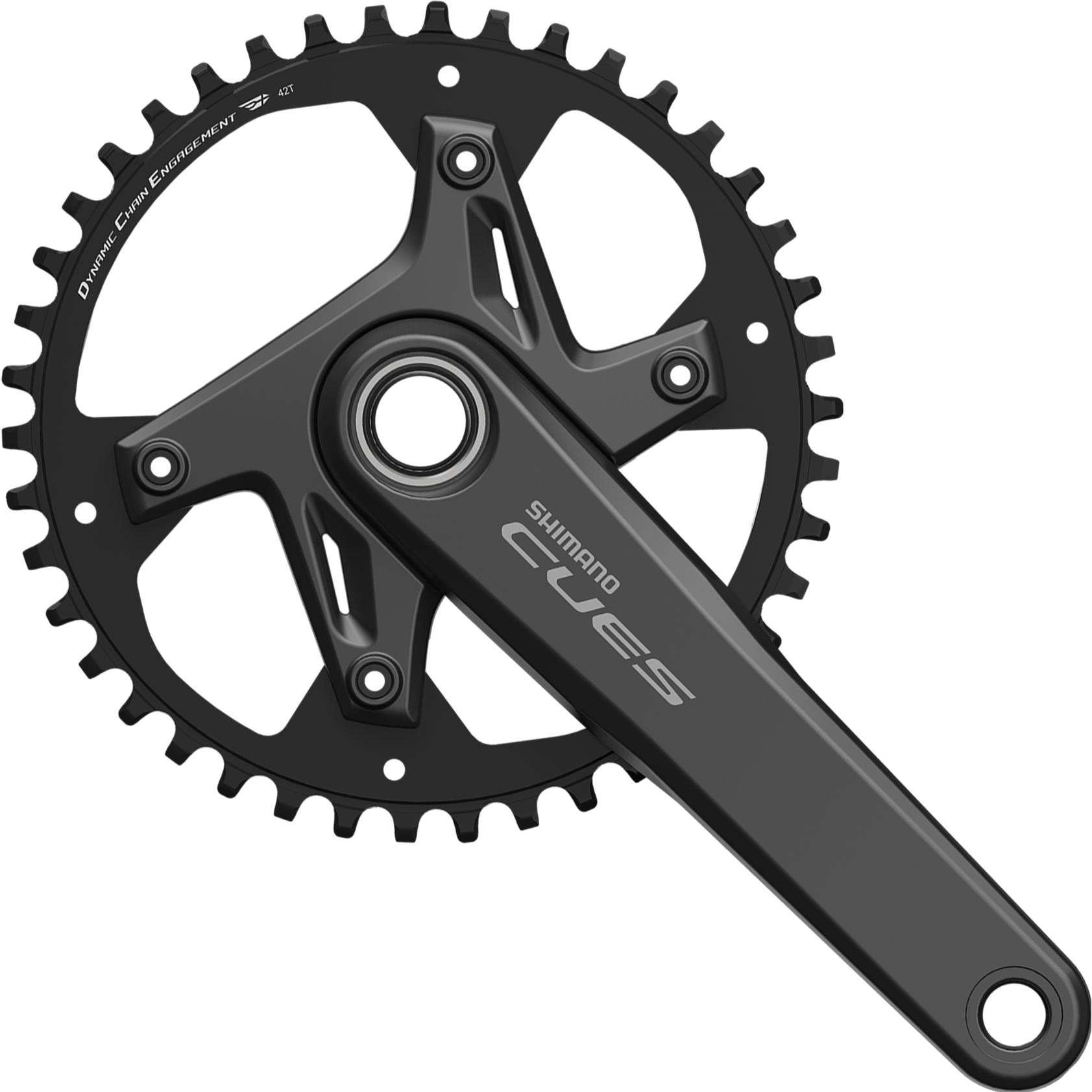 Black Shimano CUES 2-piece chainset featuring a 42-tooth chainring and 165mm crank arms, designed for 9/10/11-speed systems with a sleek, modern finish.