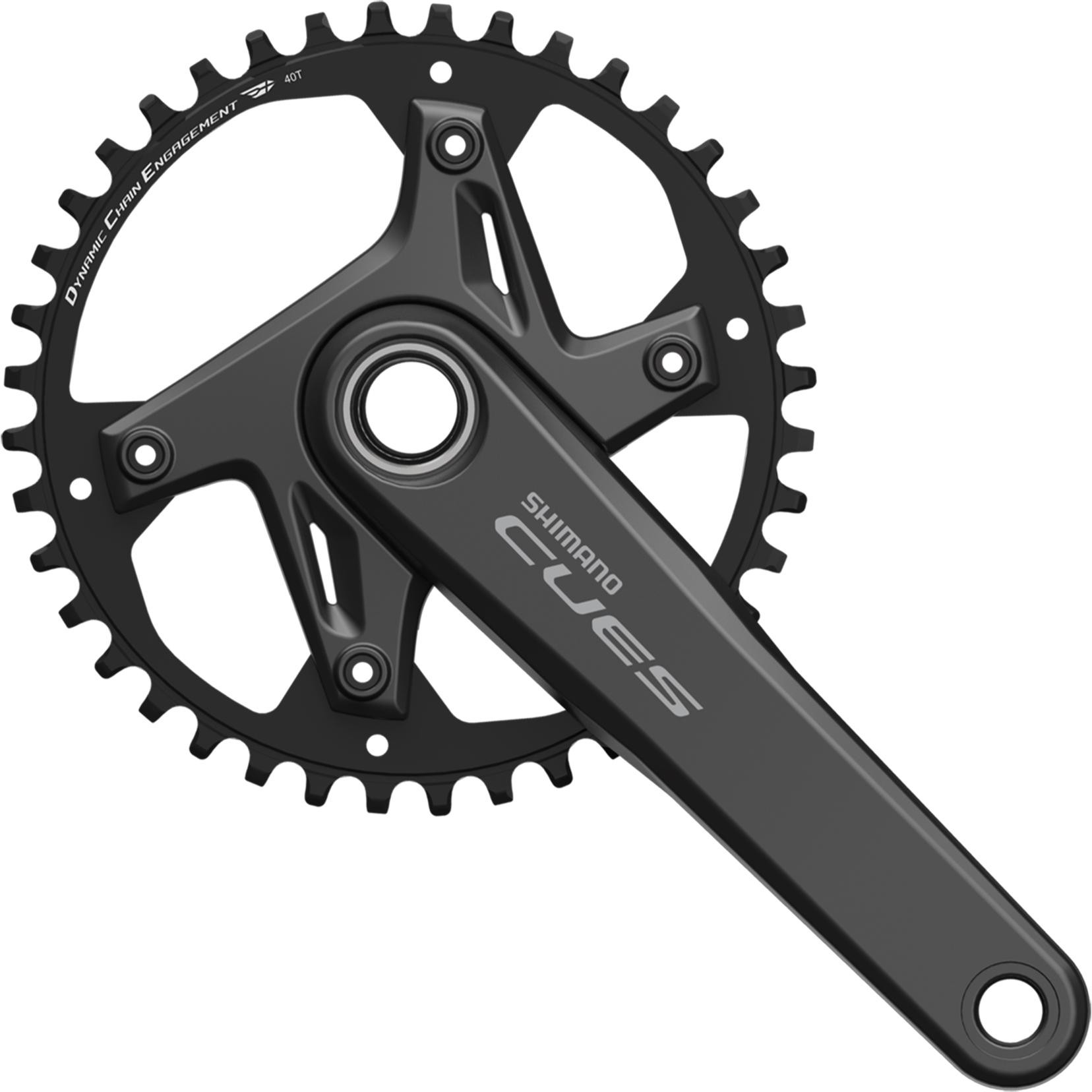Black Shimano CUES 2 HollowTech II chainset featuring a 40-tooth chainring and 170mm crank arms, designed for 9/10/11-speed compatibility, with a sleek, durable finish.