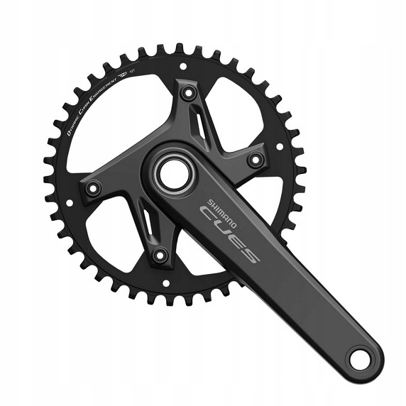 Shimano FC-U6040-1 CUES chainset features a sleek black design with a 40T chainring and 175mm crank arms, made from durable aluminum with HollowTech II technology.