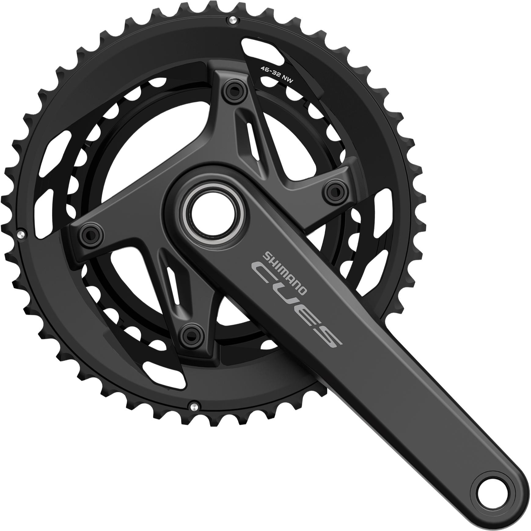 Shimano FC-U6040-2 CUES double chainset featuring a sleek black finish, HollowTech II design, 170mm crank arms, and 50/34T chainrings for 9/10/11-speed compatibility.