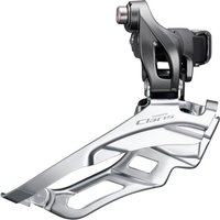 Shimano FD-R2000 Claris front derailleur, silver and black, with dual-pivot design and adjustable clamp sizes.