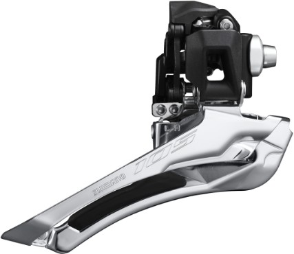 Shimano FD-R7100 105 double front derailleur in silver with a sleek design, featuring a braze-on mount and a polished finish for durability and performance.
